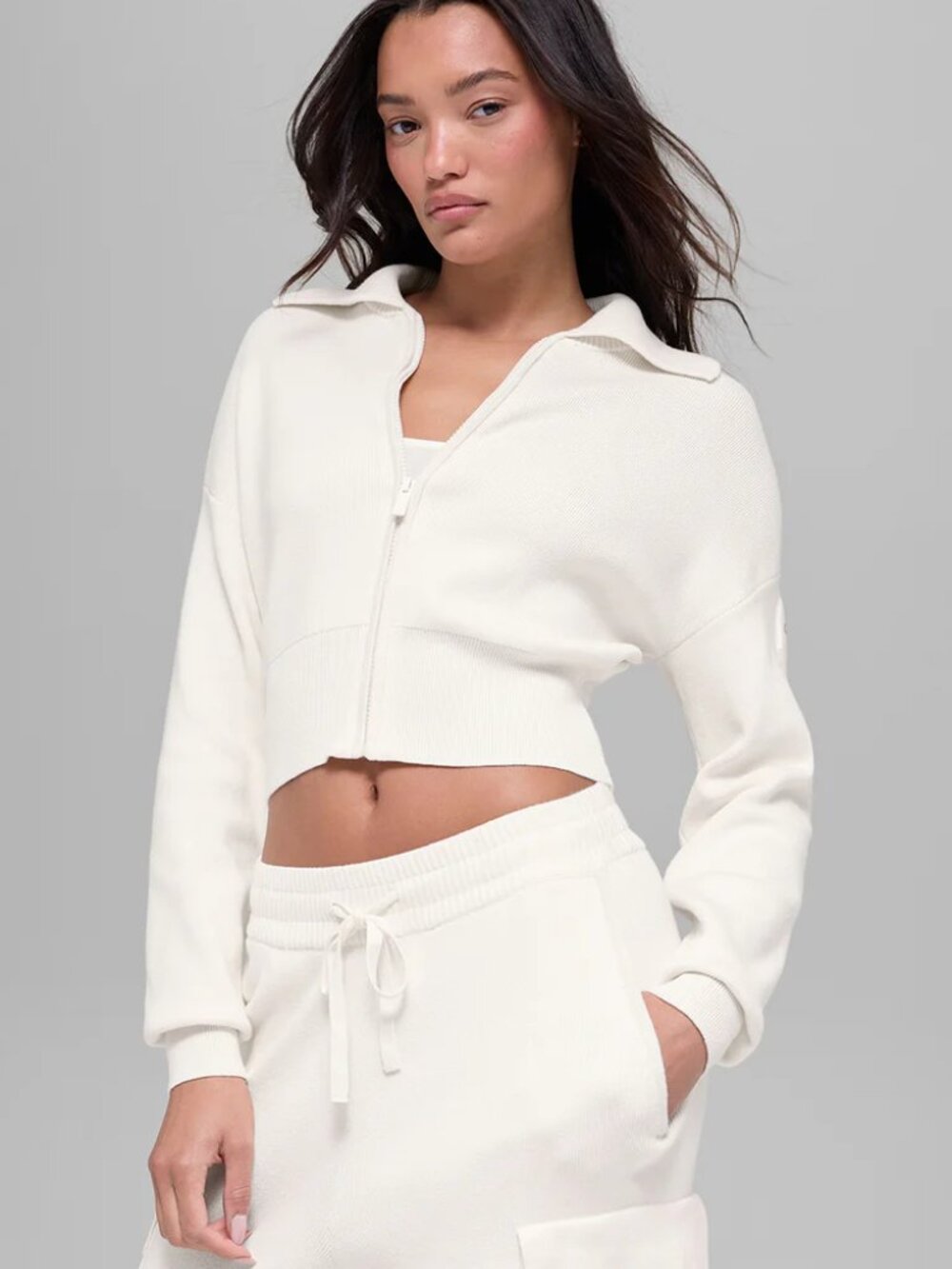 ALO Yoga Scholar Knit Cropped Full Zip Jacket - Size Small - Ivory - Like New